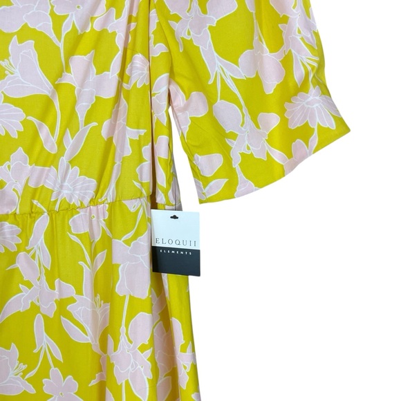 Eloquii | Bright Yellow Baby Pink Floral‎ Puff Sleeve Midi Sundress Square Neck - Picture 7 of 9